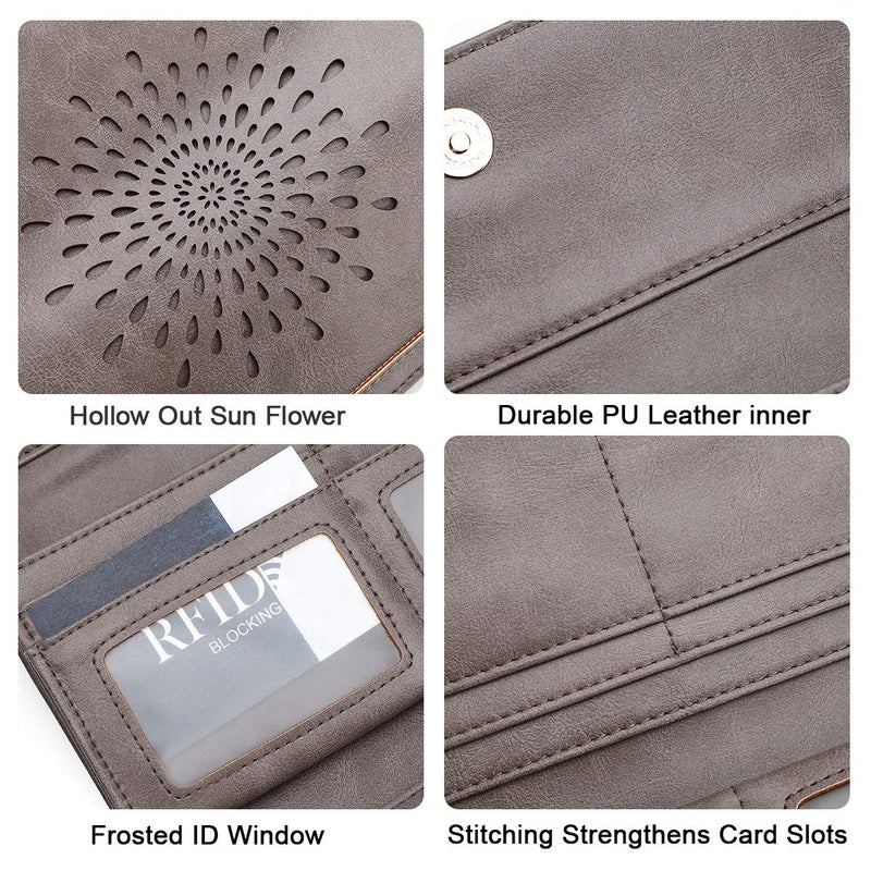 APHISON Womens Wallets RFID Blocking PU Leather Clutch Long Wallet for Women Card Holder Phone Organizer Ladies Travel Purse Hollow Out Sunflower Design Gift Box 2214 Dark-gray - Image 5